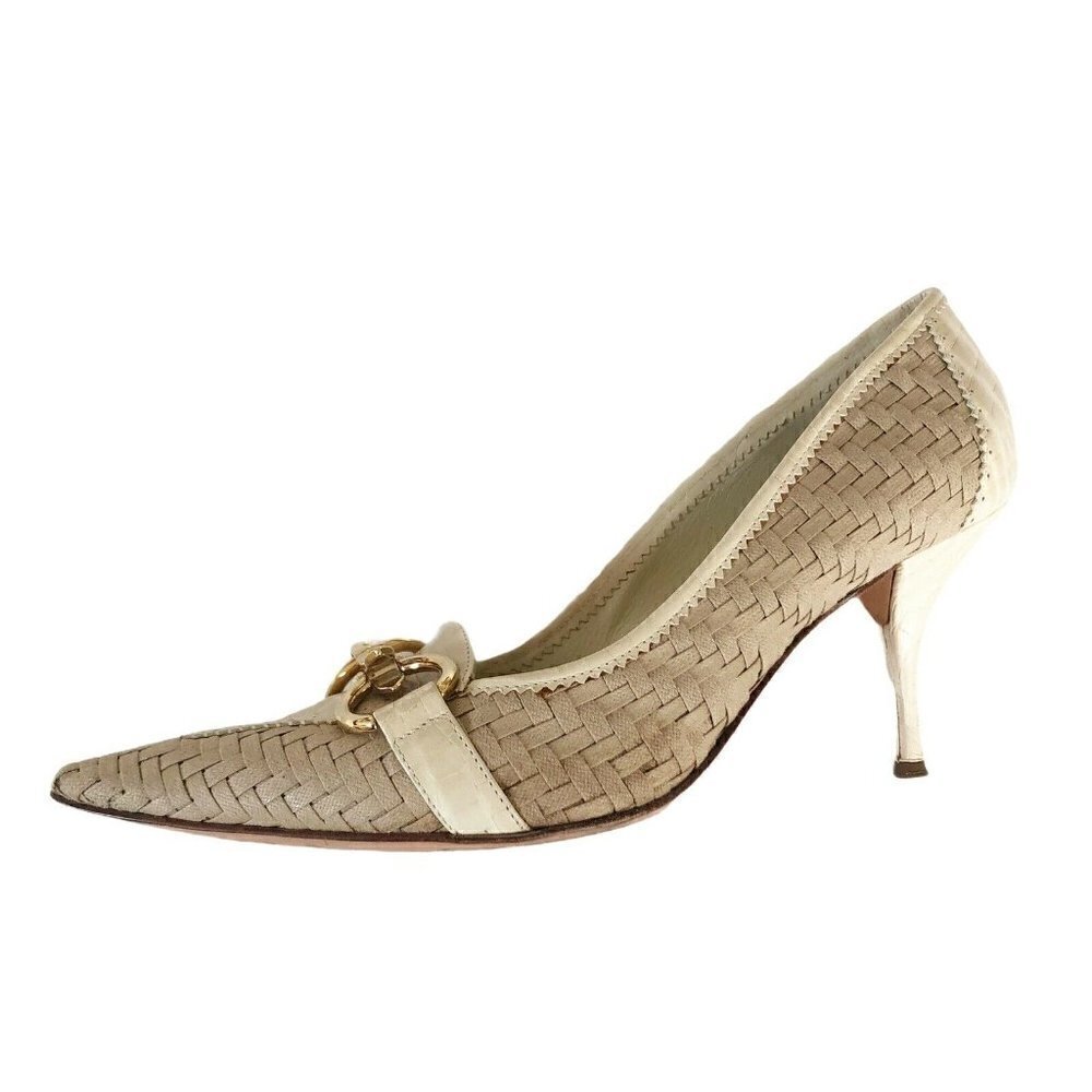 Casadei Beige Woven Leather Gold Horse Bit Heels - Picture 10 of 12